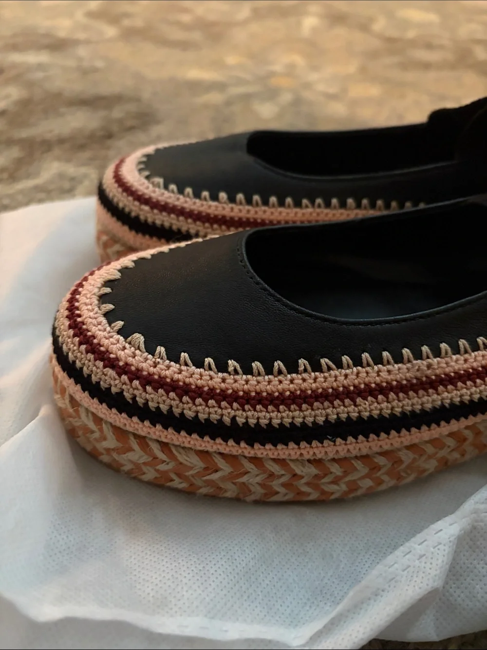 Women’s Ulla Johnson Black Yelena Crochet Espadrille Ballet Flats with Pink Trim